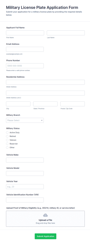 Military License Plate Application Form Template