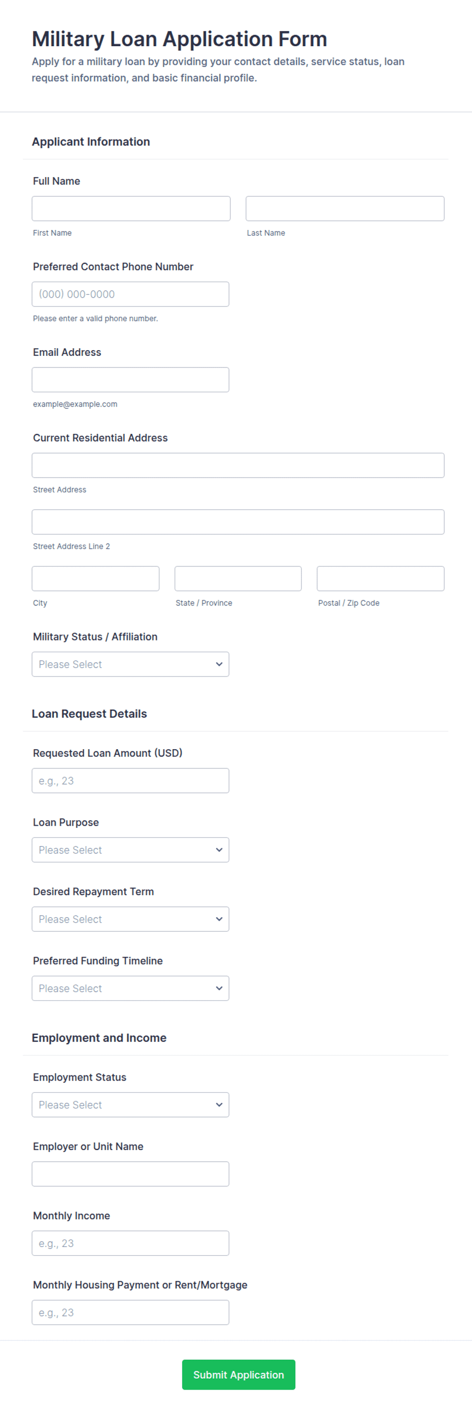 Military Loan Application Form Template | Jotform