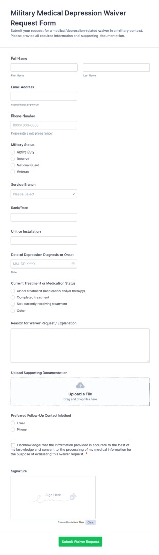 Military Medical Depression Waiver Request Form Template