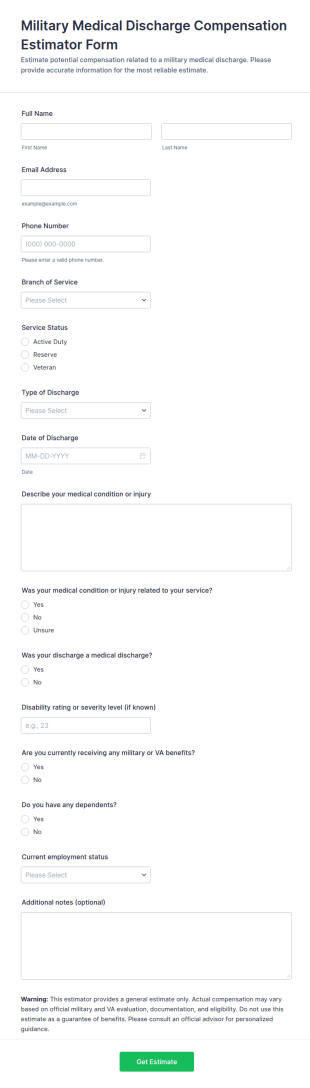 Military Medical Discharge Compensation Estimator Form Template