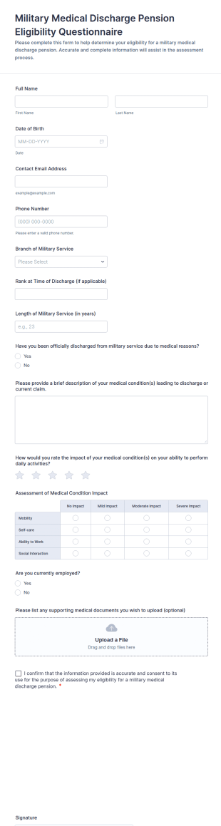 Military Medical Discharge Pension Eligibility Questionnaire Form Template