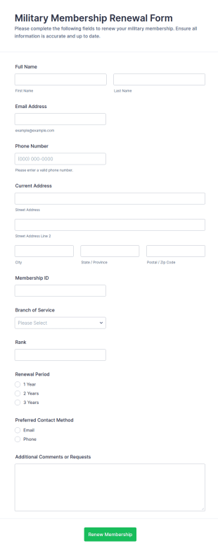 Military Membership Renewal Form Template