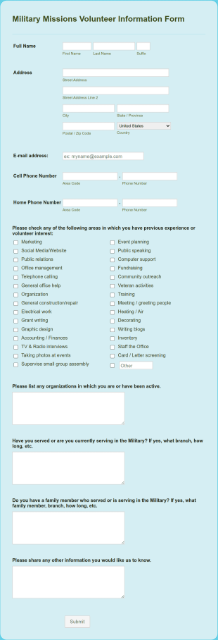 Military Missions Volunteer Information Form Template