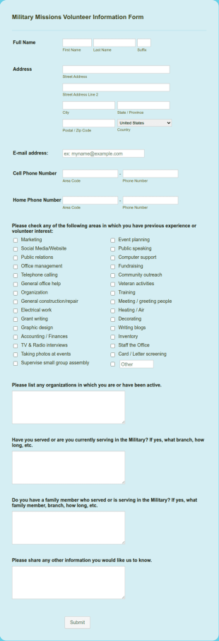 Military Missions Volunteer Information Form Template