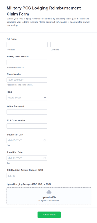 Military PCS Lodging Reimbursement Claim Form Template
