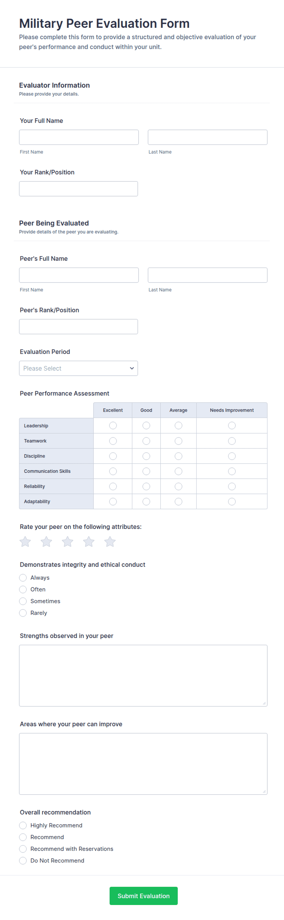 Military Peer Evaluation Form Template | Jotform