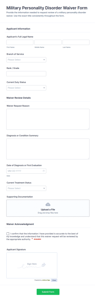 Military Personality Disorder Waiver Form Template