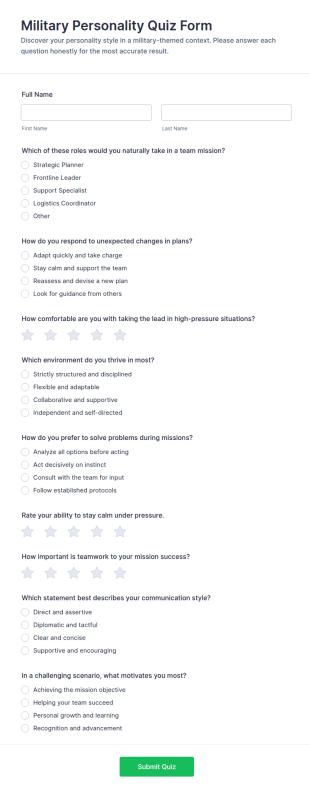 Military Personality Quiz Form Template