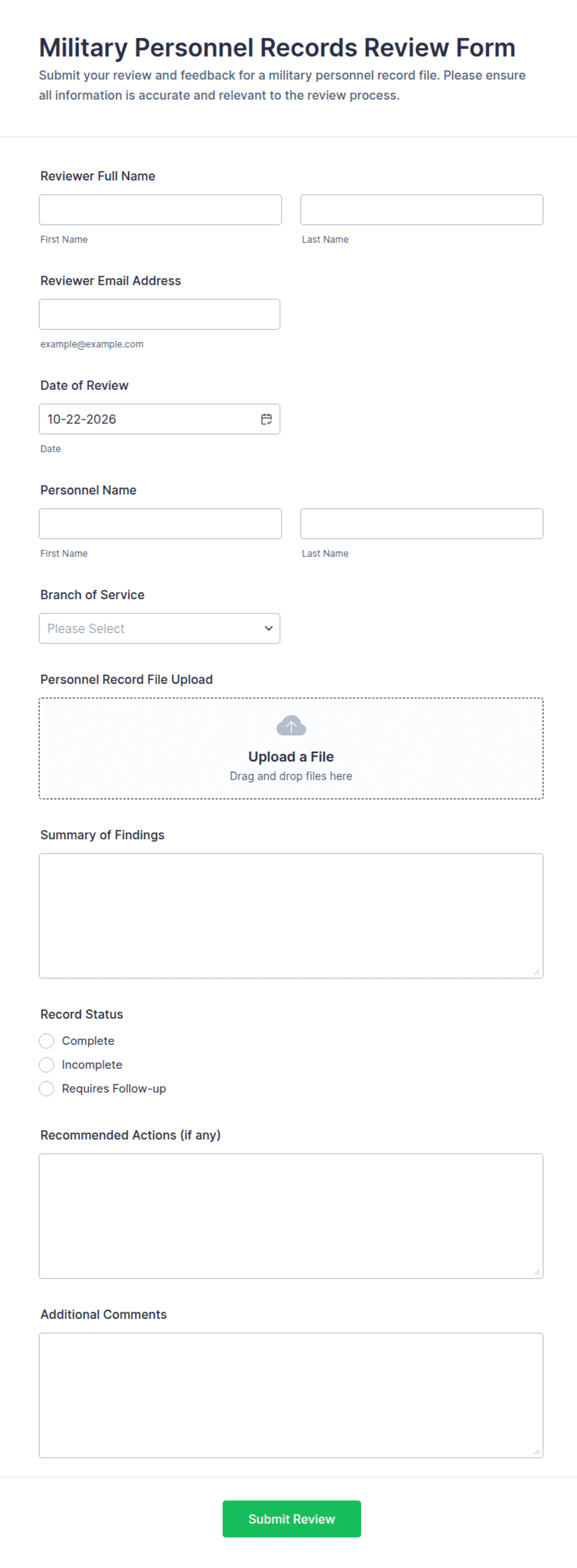 Military Personnel Records Review Form Template | Jotform