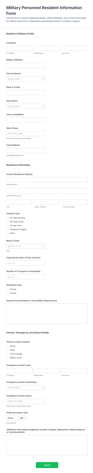 Military Personnel Resident Information Form Template