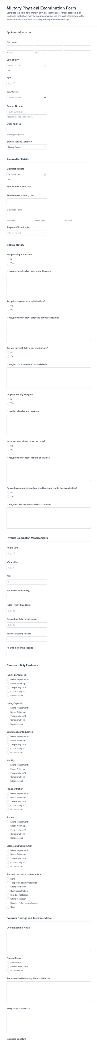 Military Physical Examination Form Template