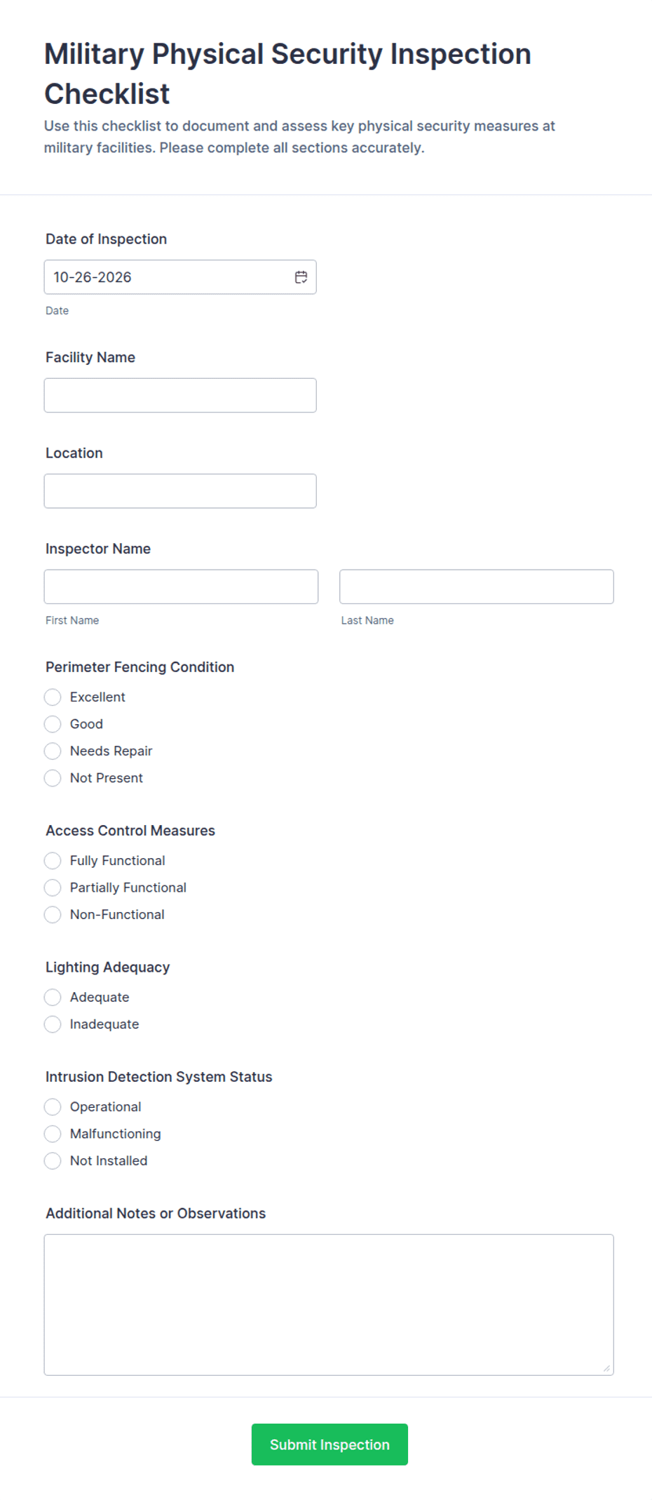 Military Physical Security Inspection Checklist Form Template | Jotform