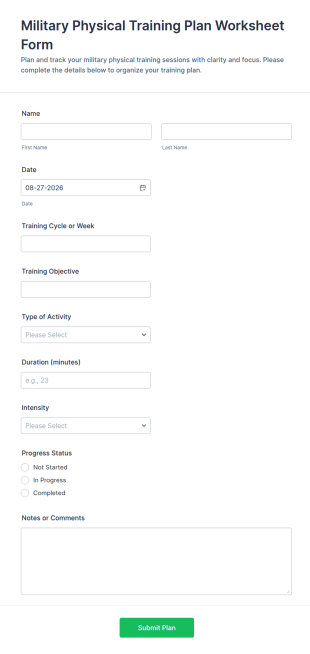 Military Physical Training Plan Worksheet Form Template