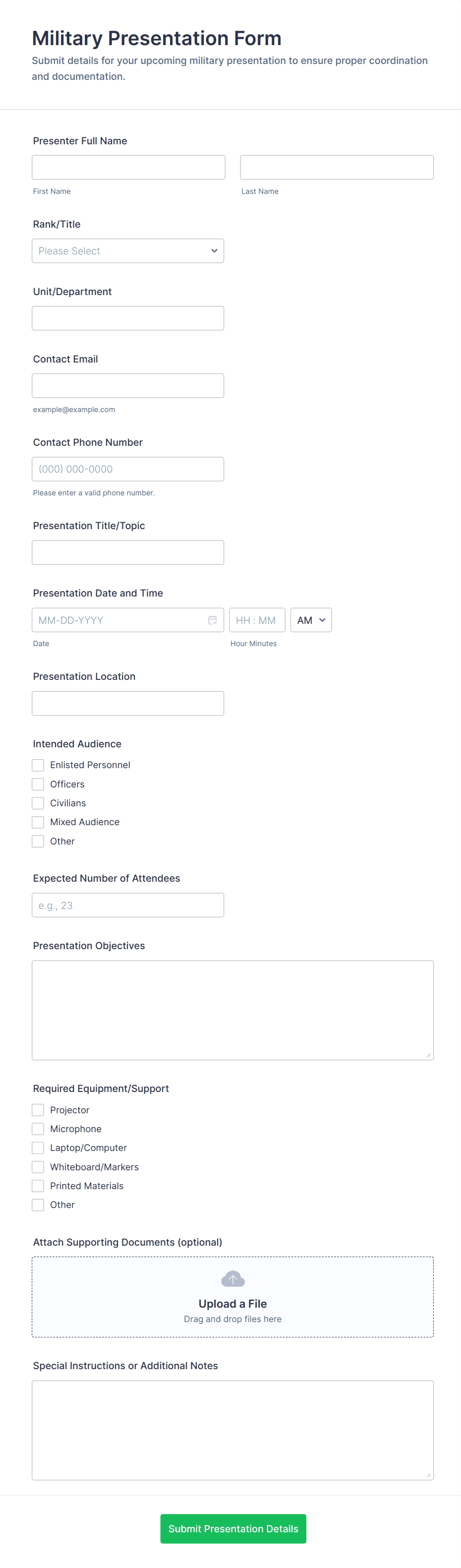 Military Presentation Form Template | Jotform