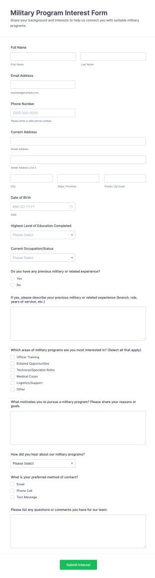 Military Program Interest Form Template