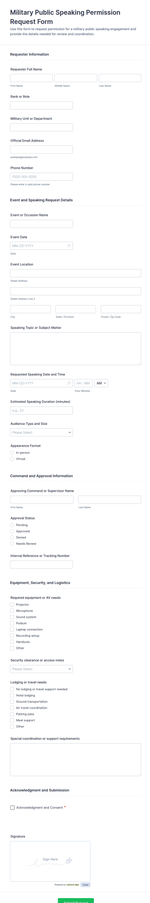Military Public Speaking Permission Request Form Template