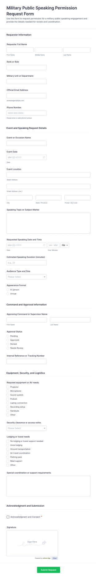 Military Public Speaking Permission Request Form Template