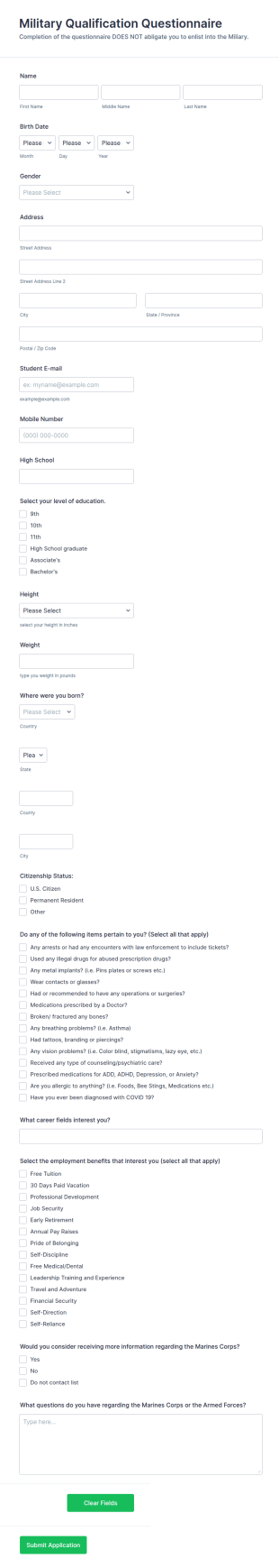 Military Questionnaire Template