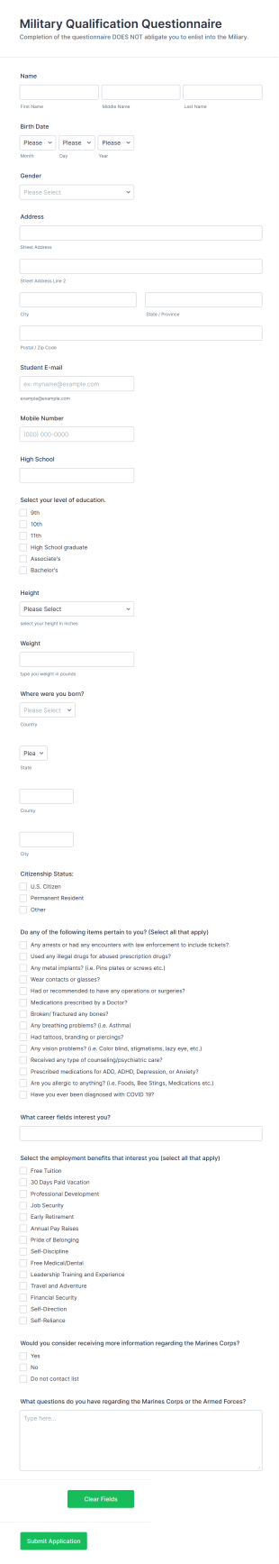 Military Questionnaire Template