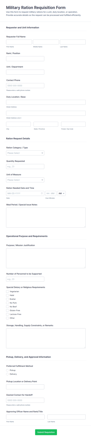 Military Ration Requisition Form Template
