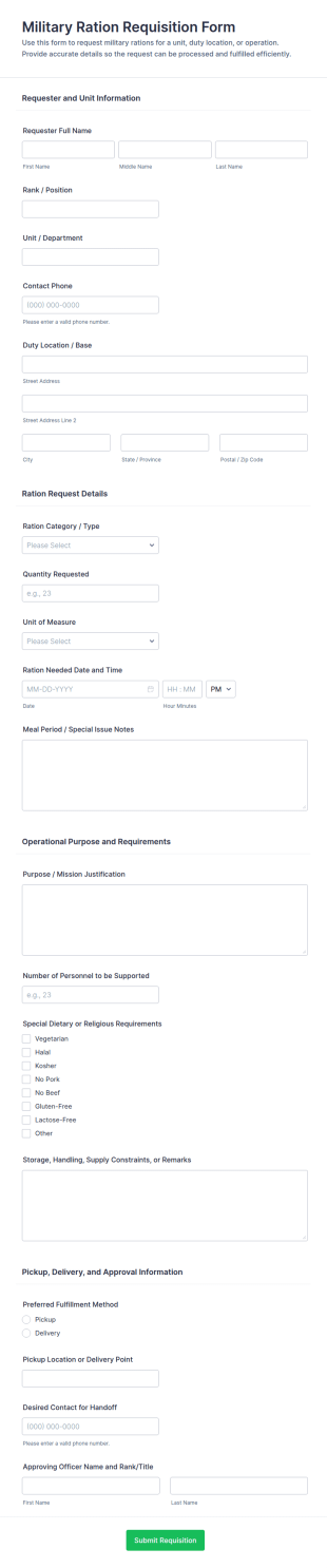 Military Ration Requisition Form Template