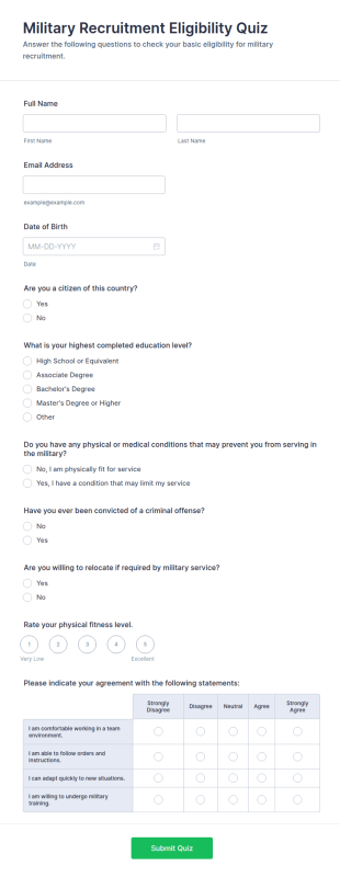 Military Recruitment Eligibility Quiz Form Template