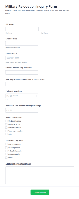 Military Relocation Inquiry Form Template