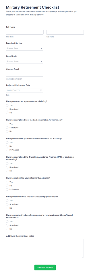 Military Retirement Checklist Form Template