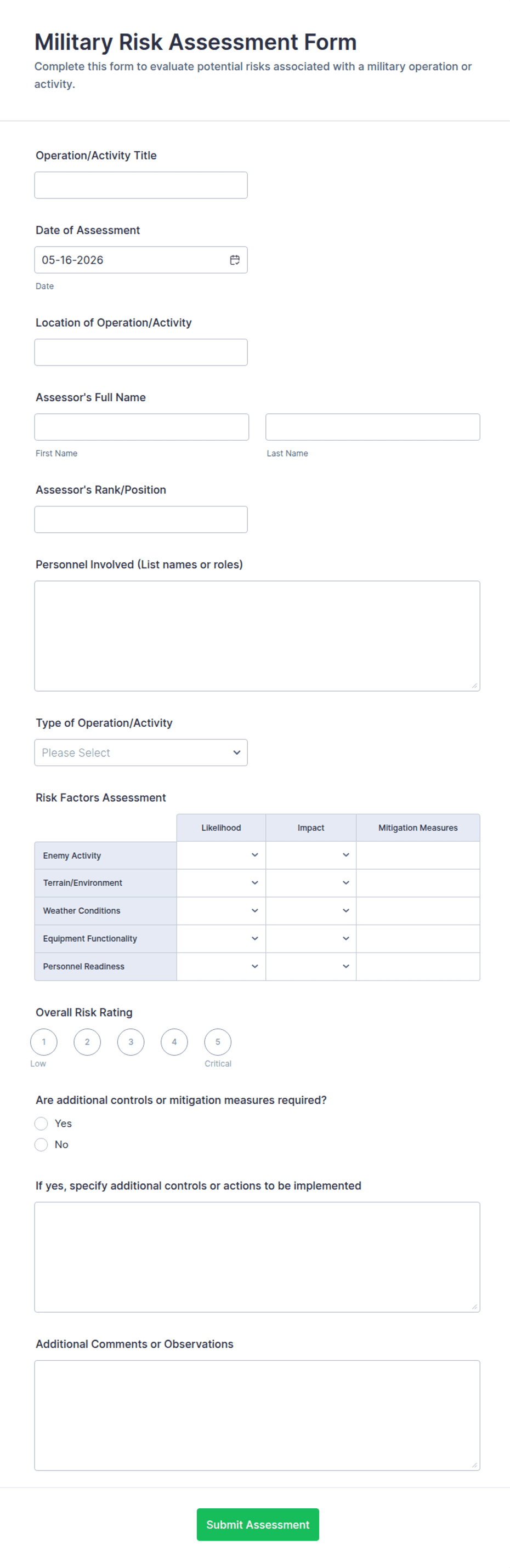 Military Risk Assessment Form Template | Jotform