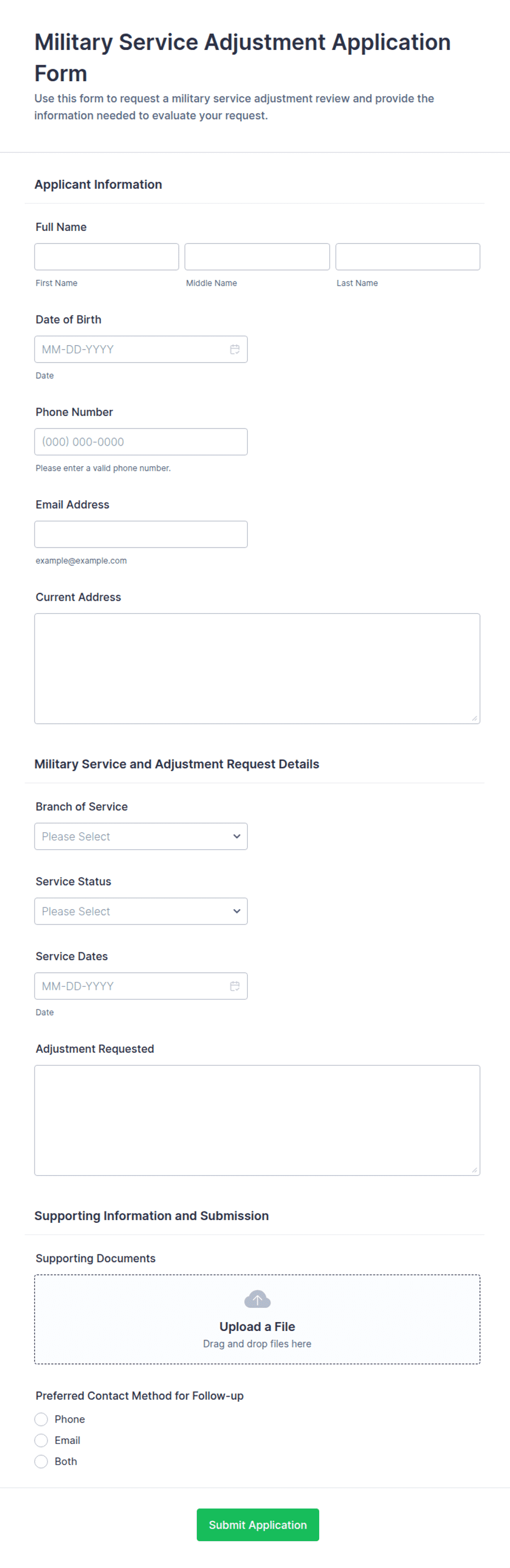 Military Service Adjustment Application Form Template | Jotform