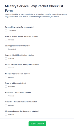 Military Service Levy Packet Checklist Form Template