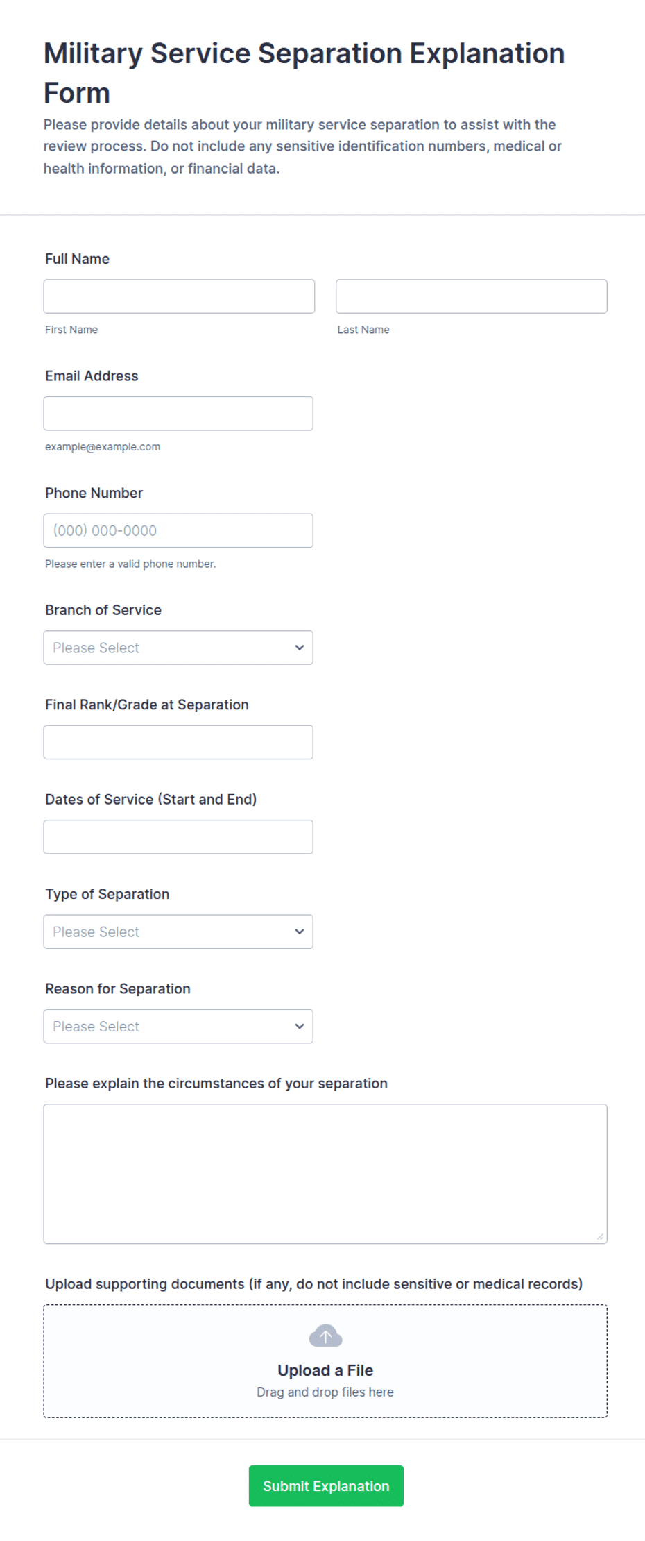 Military Service Separation Explanation Form Template | Jotform