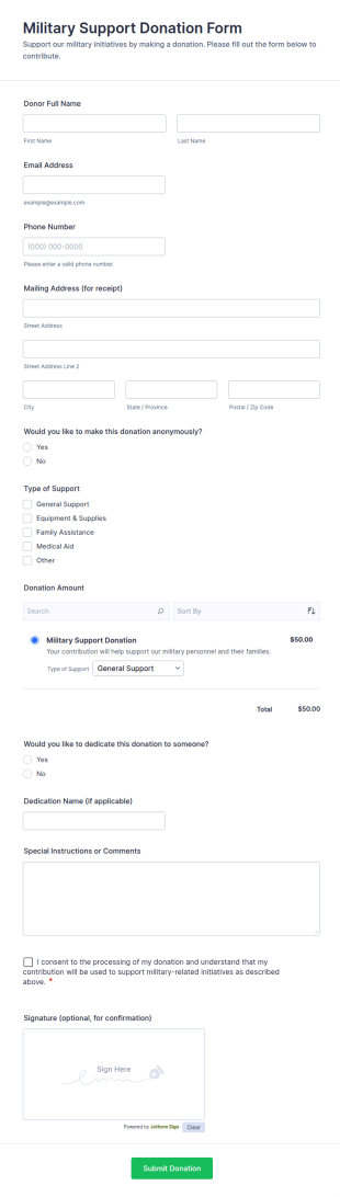 Military Support Donation Form Template