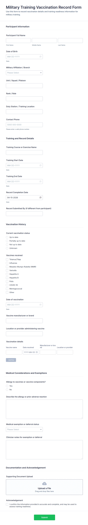 Military Training Vaccination Record Form Template