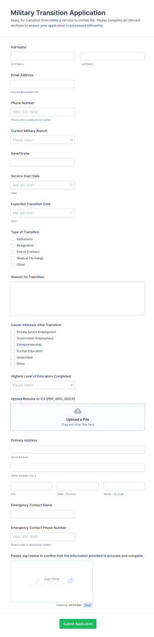 Military Transition Application Form Template