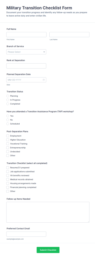 Military Transition Checklist Form Template