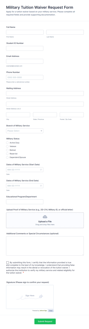 Military Tuition Waiver Request Form Template