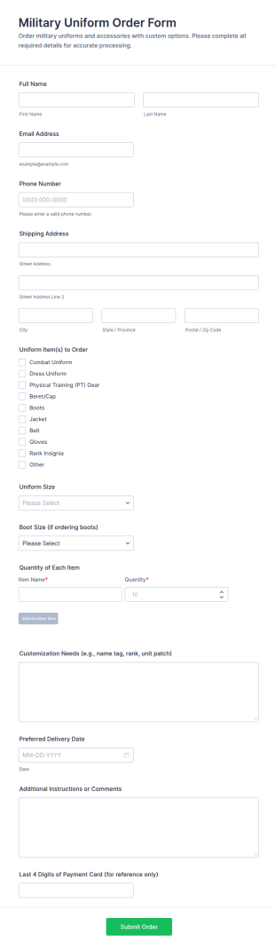 Military Uniform Order Form Template
