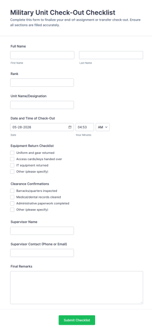 Military Unit Check Out Checklist Form Template