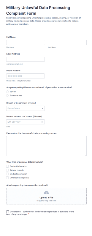 Military Unlawful Data Processing Complaint Form Template