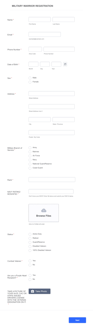 Miliitary Warrior Registration Form Template