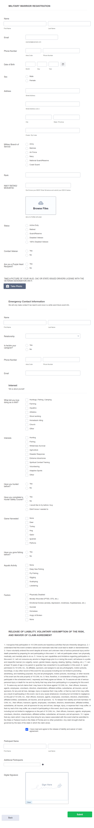 Miliitary Warrior Registration Form Template