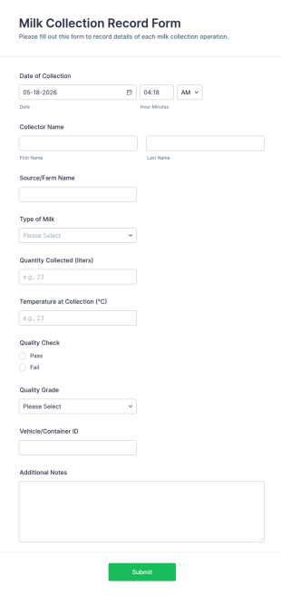 Milk Collection Record Form Template