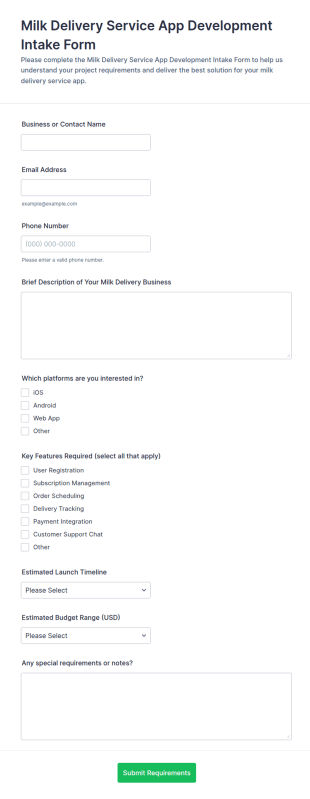Milk Delivery App Development Intake Form Template