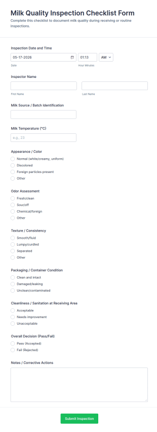 Milk Quality Inspection Checklist Form Template