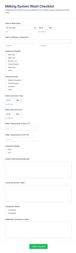 Milking System Wash Checklist Form Template