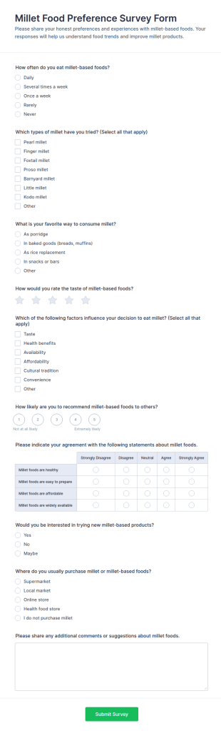 Millet Food Preference Survey Form Template