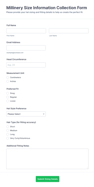 Millinery Size Information Collection Form Template