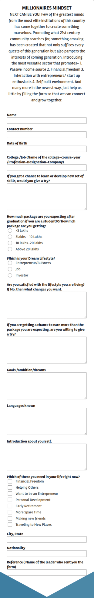 Millionaire Mindset Form Template