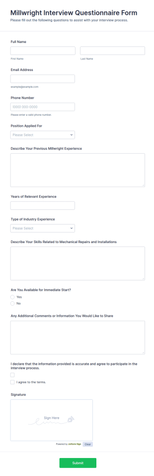 Millwright Interview Questionnaire Form Template